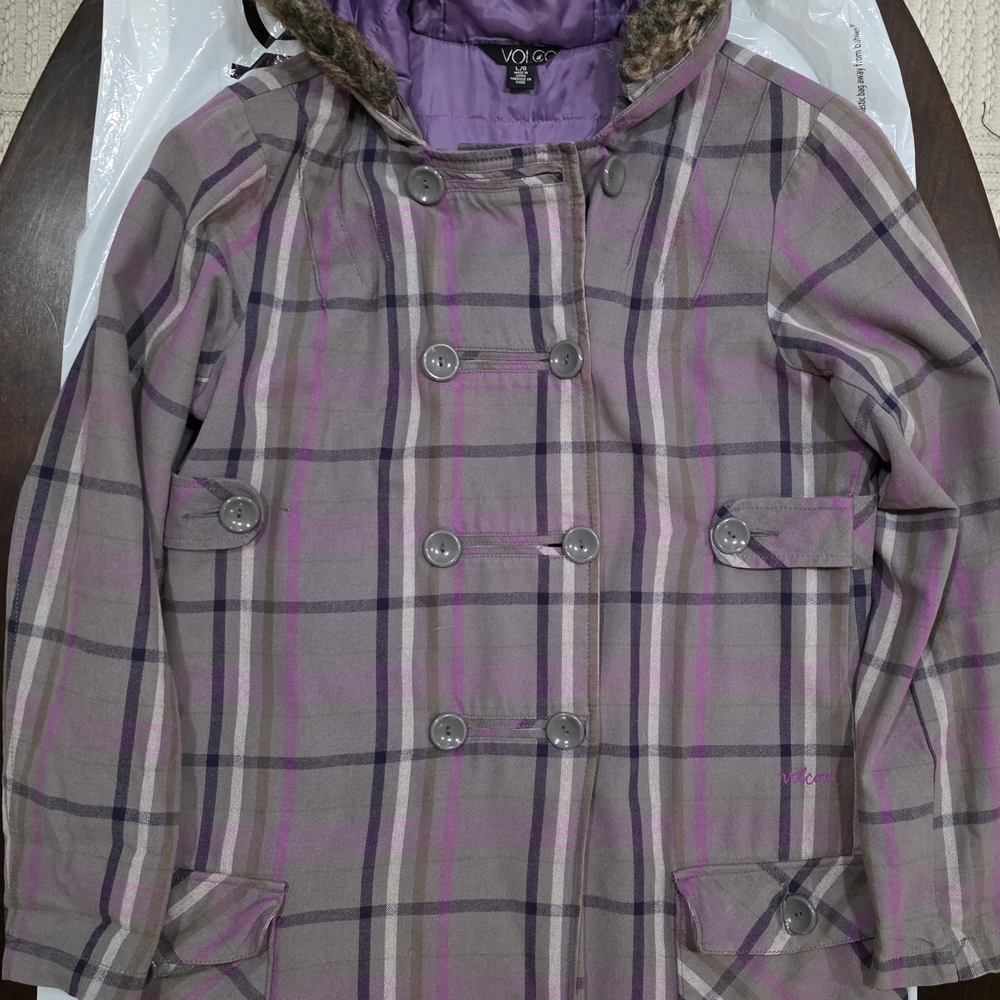 Volcom Purple and Brown Plaid Coat with Faux Fur Hood